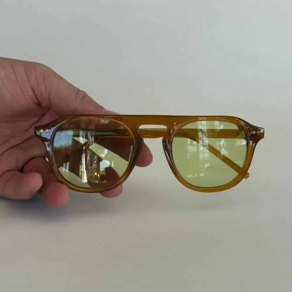 Y2K Brown Round Sunglasses Green Lens Unisex Vintage Style UVA UVB